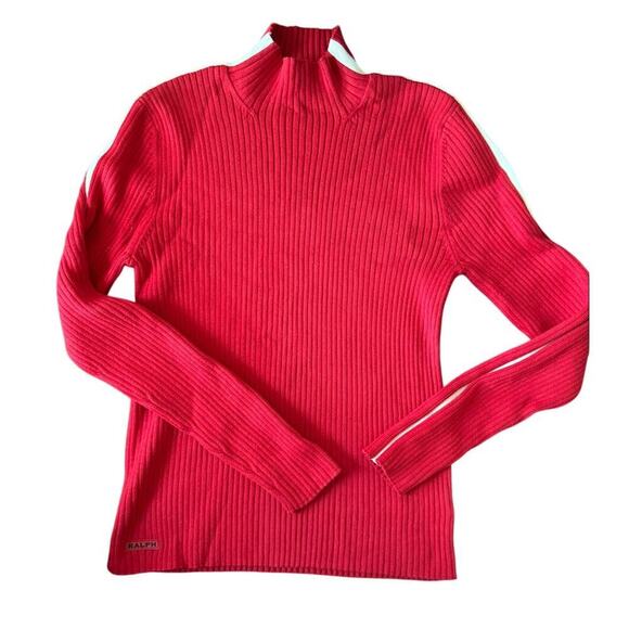 Ralph Lauren Red Ribbed Mock Neck Sweater w/ Stripe Detail‎ L - Picture 1 of 3